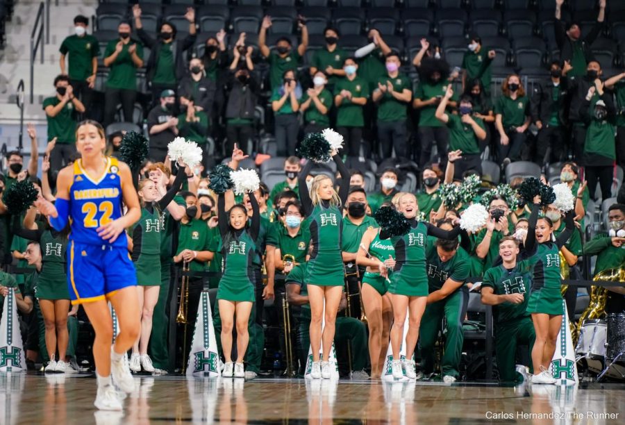 Hawaii's cheer section celebrates as they near victory and end the 'Runners season to advance in the Big West Championship.

