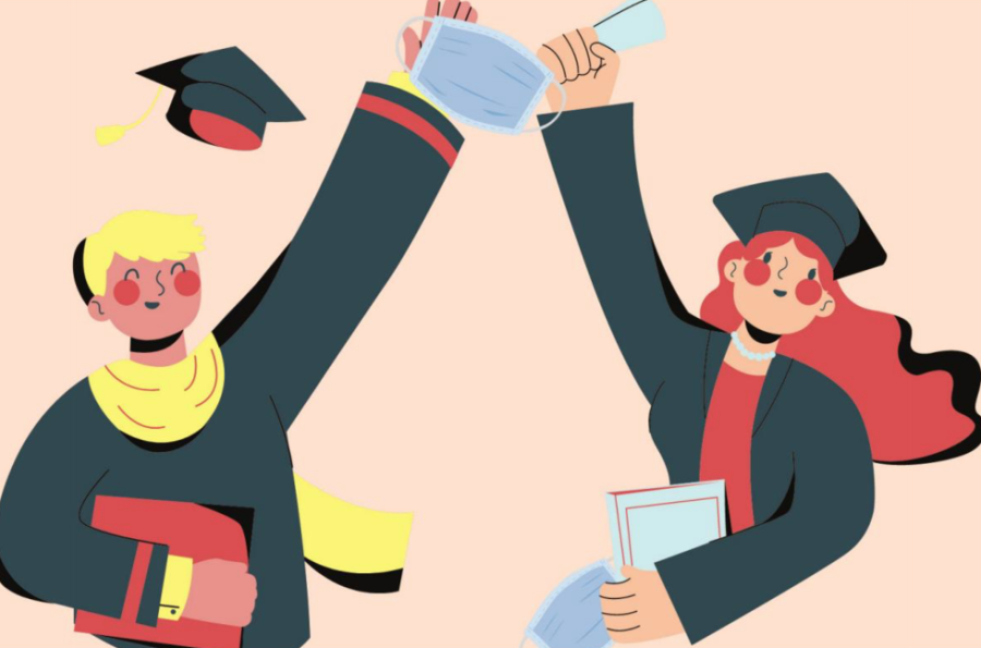 illustration of graduating cartoons holding a covid-19 mask and a diploma