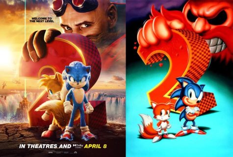 The Sonic 2 Movie poster (left) referencing the Sonic 2 game box art (right)