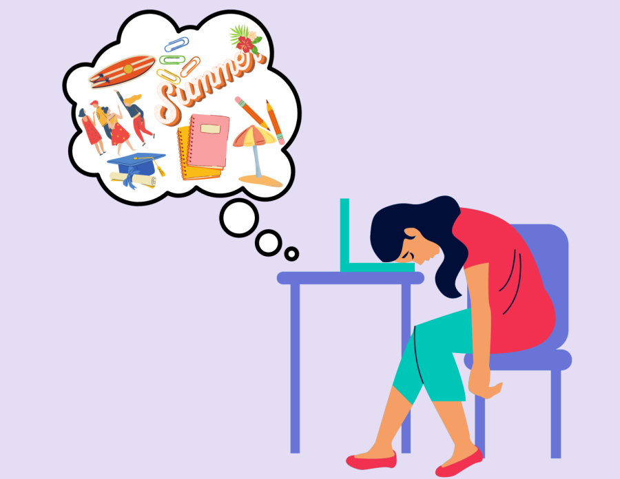 illustration of struggling student thinking of everything besides school