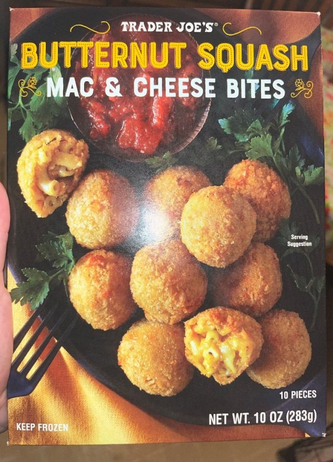 Packaging for the butternut squash macaroni cheese balls. Photo by Baylie Ruiz / The Runner