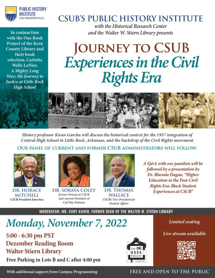 Flyer for "Journey to CSUB: Experiences in the Civil Rights Era event." Photo provided by Miriam Raub Vivian