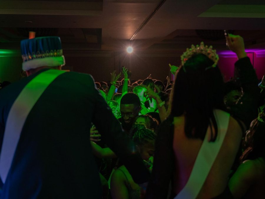 Homecoming Royalty Alfonso Hernandez Corral and Makaila Clay address the students at the homecoming dance.