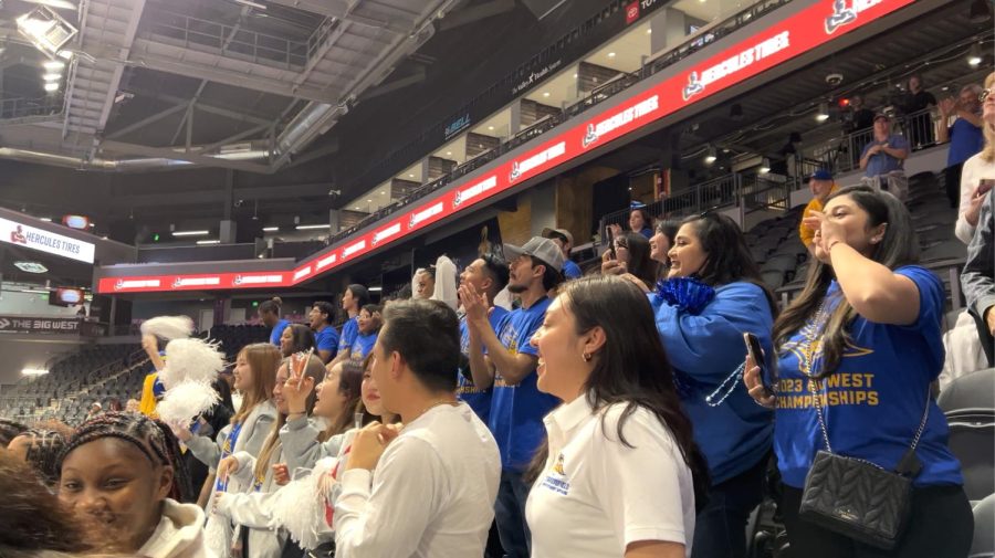 Cal State Bakersfield Roadrunners fan section cheers on the women’s basketball team after defeating Cal State Northridge Matadors 55-52. Photo by Mayra Gomez / The Runner