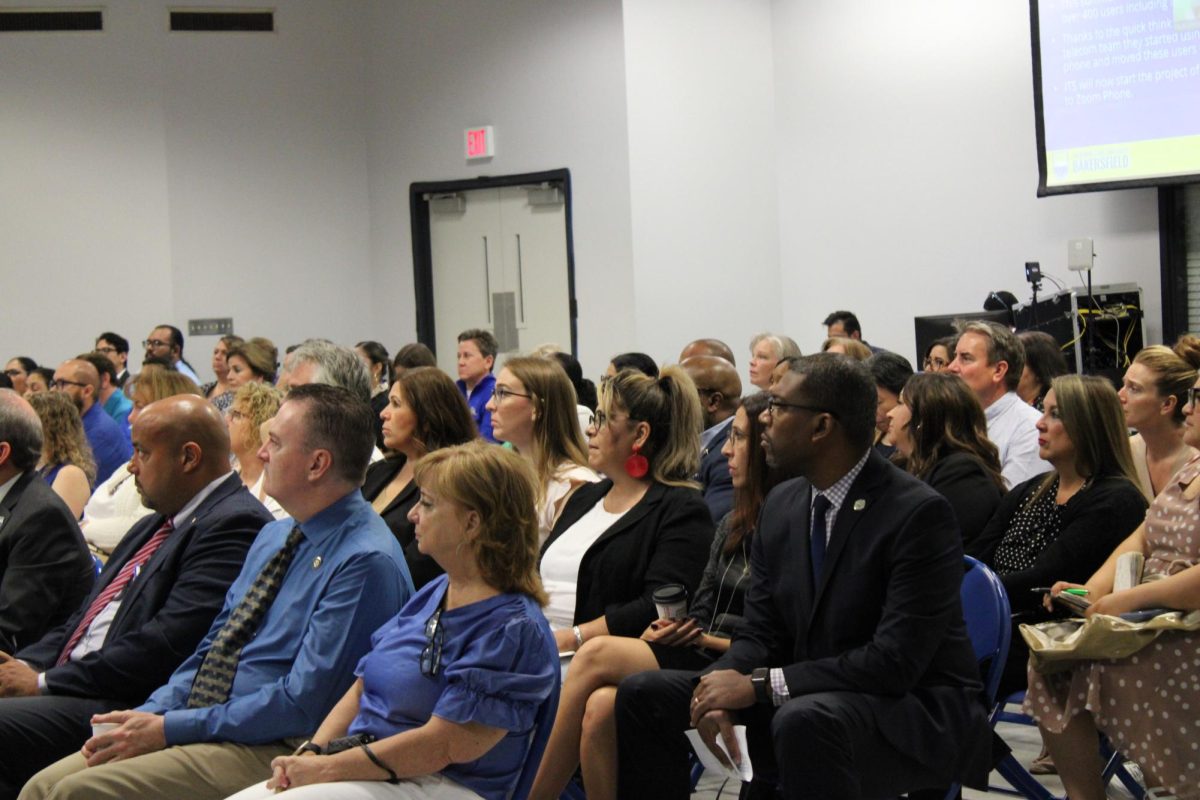 Students, faculty, and staff listen to different prominent members of CSUB give updates in
their departments. Photo by Jocelynn Landon / The Runner