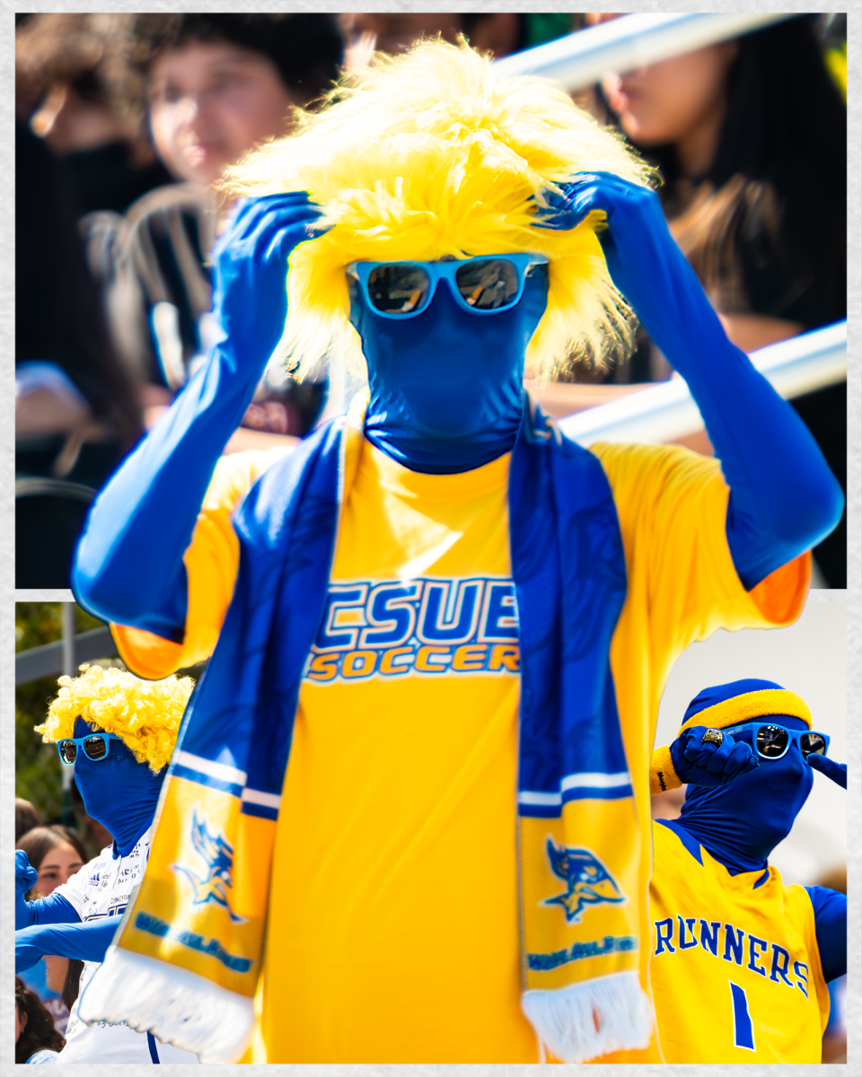 Jordan Lovett, CSUB’s Superfan, cheering for CSUB at athletics events. Photo illustration by Carlos Hernandez / The Runner