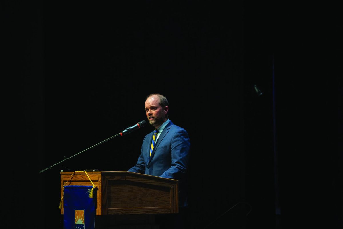 Dr. Nate Olson delivering a speech at Cal State Bakersfield. Photo by Arthur Schneider: CSUB Marketing and Communications.


