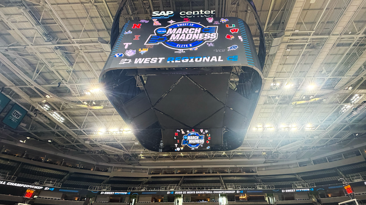 Photo of the March Madness graphics on the SAP Center Jumbotron. 