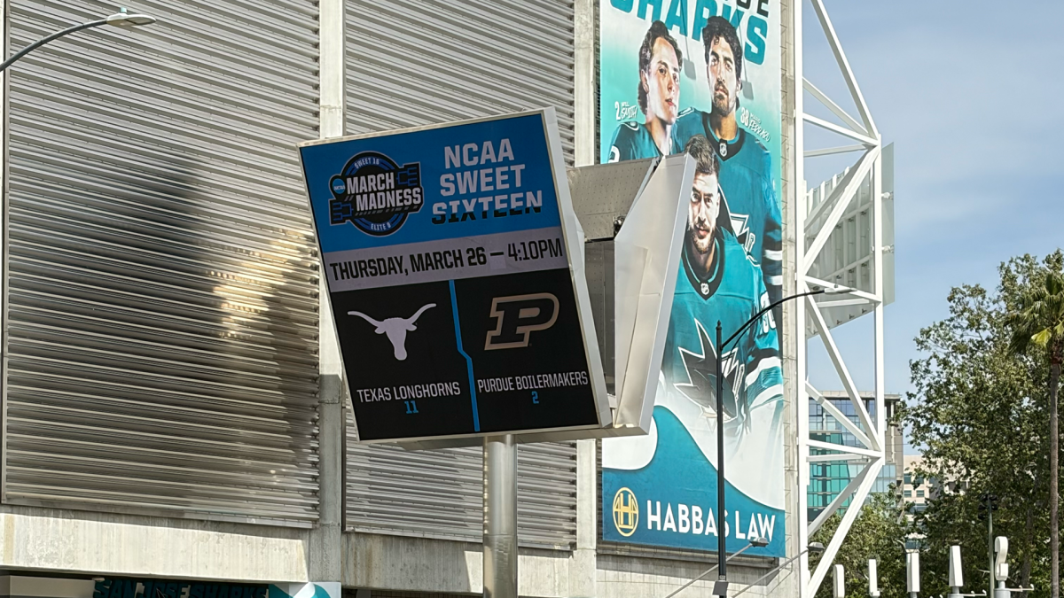 March Madness Sweet 16 graphic outside of the SAP Center.