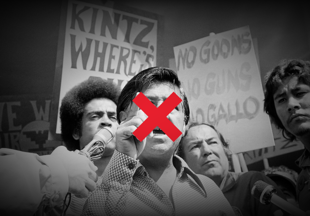 Photo of Cesar Chavez with an 'X' covering his face. 